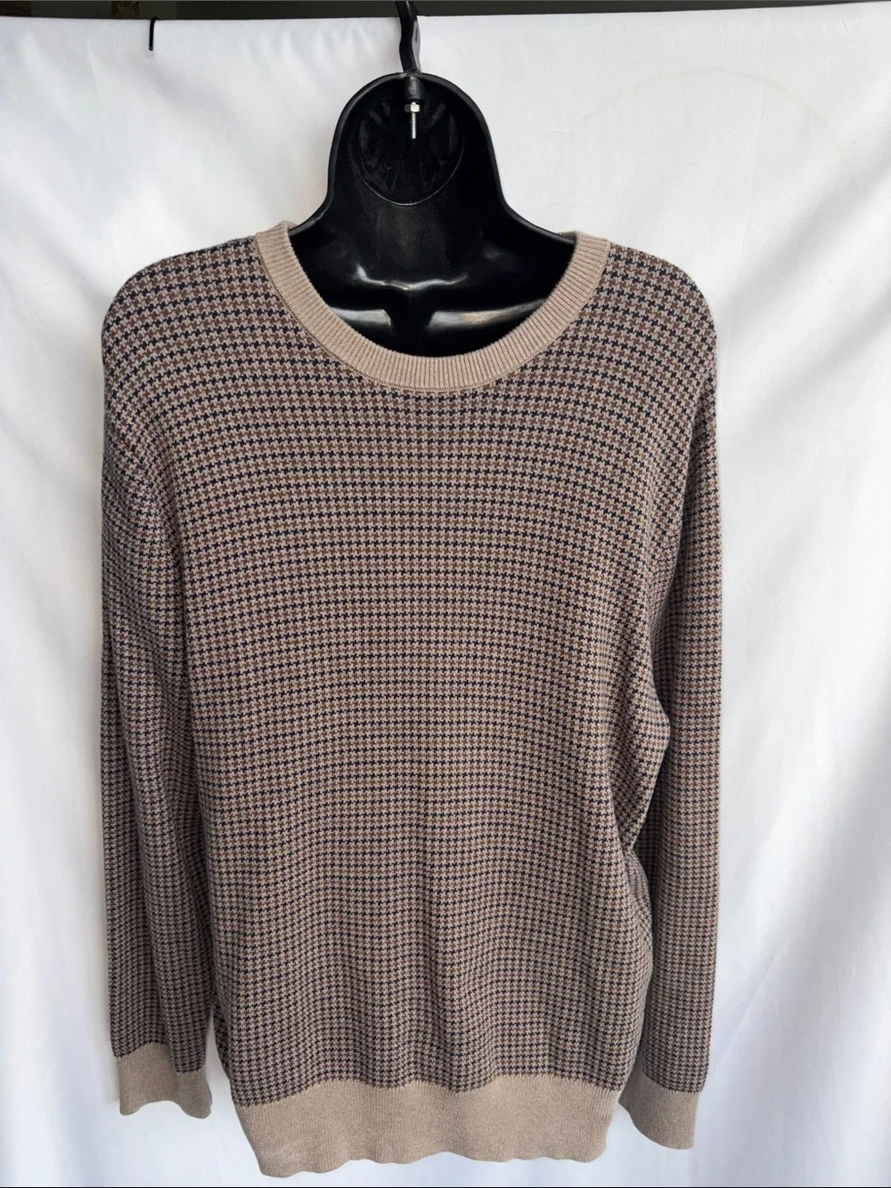 J Crew Houndstooth Sweater Mens M Brown Beige Cotton Knit Crewneck Pullover
